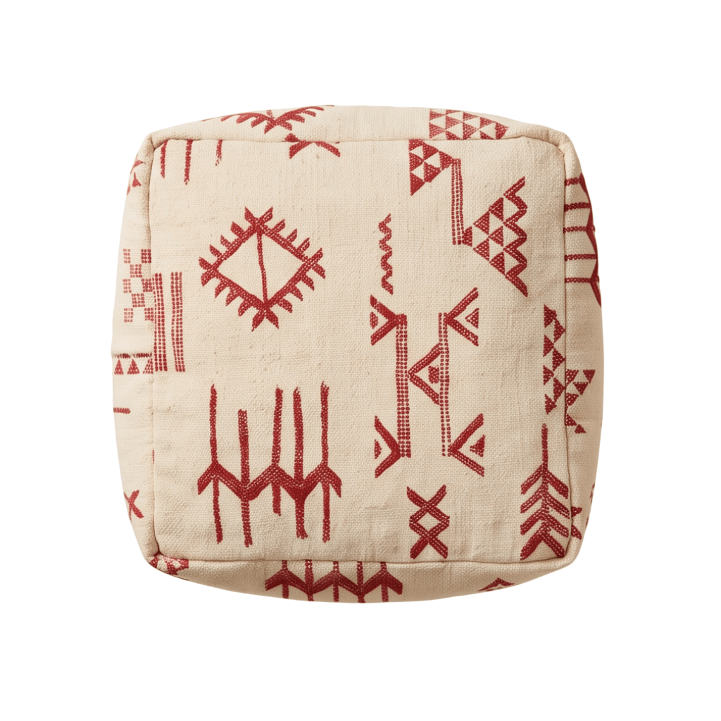 Pouf berbère écru symboles rouges