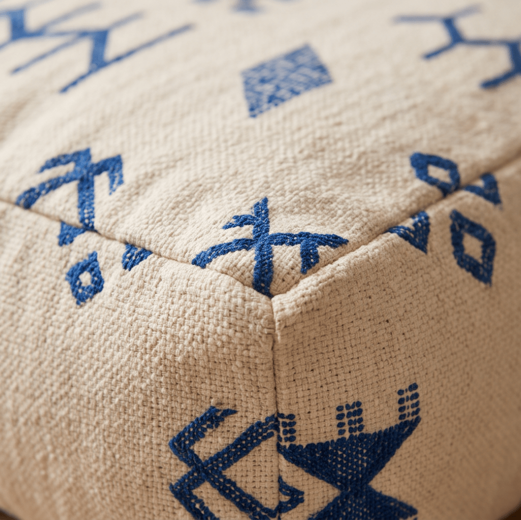 Pouf berbère écru symboles bleu marine