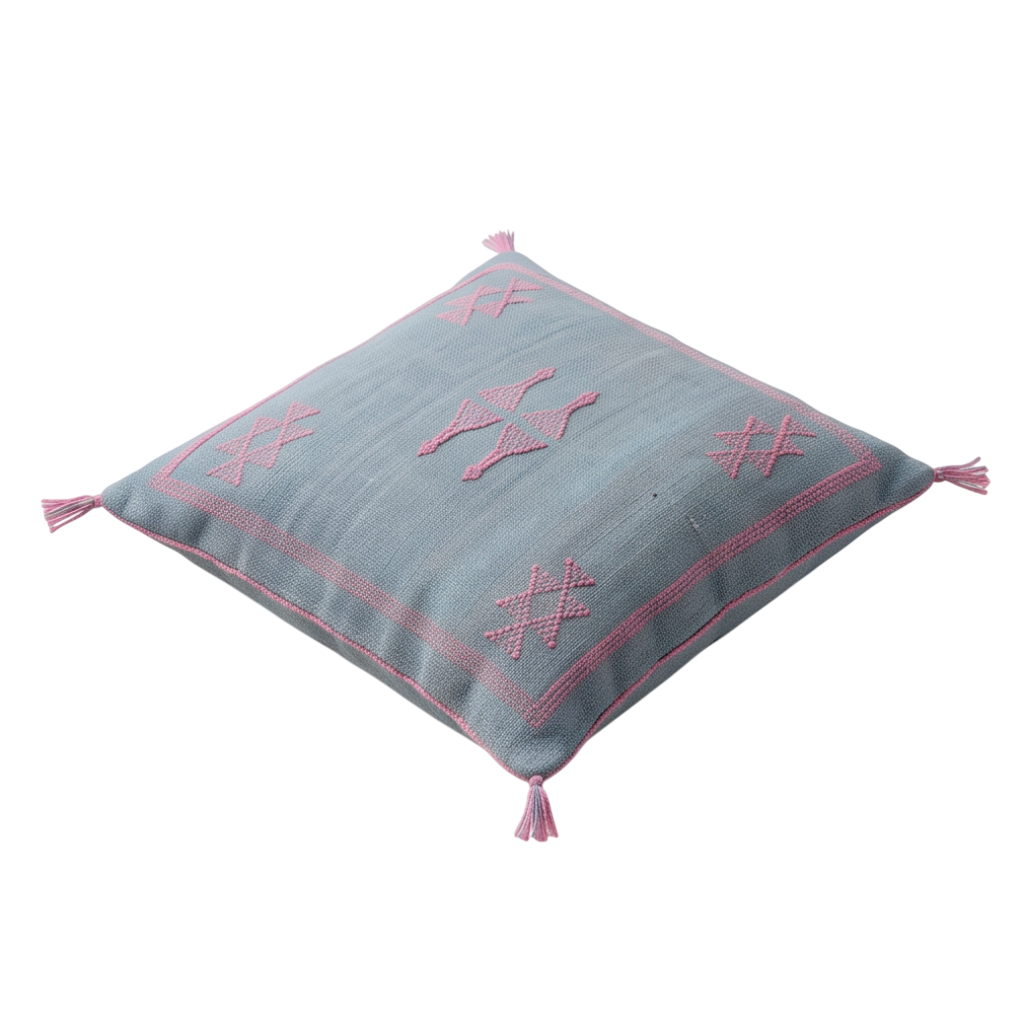 Coussin berbère bleu gris et rose Kilim