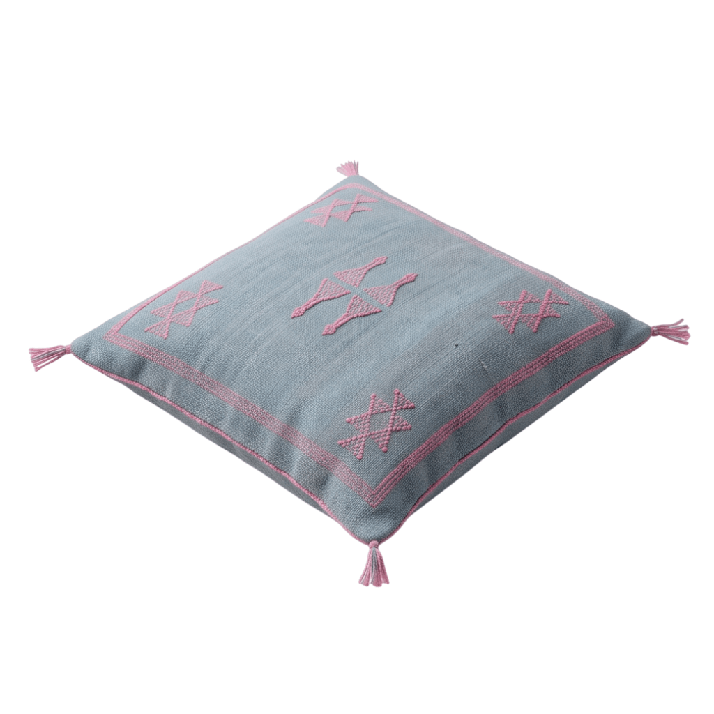 Coussin berbère bleu gris et rose Kilim