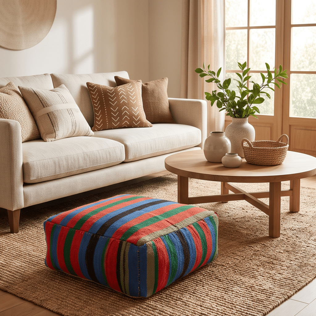 Pouf berbère multicolore style Boucherouite
