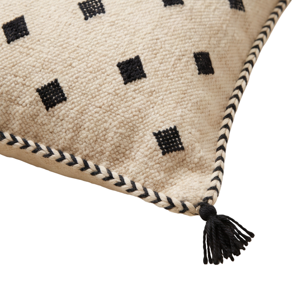 Coussin berbère écru losanges noirs Kilim