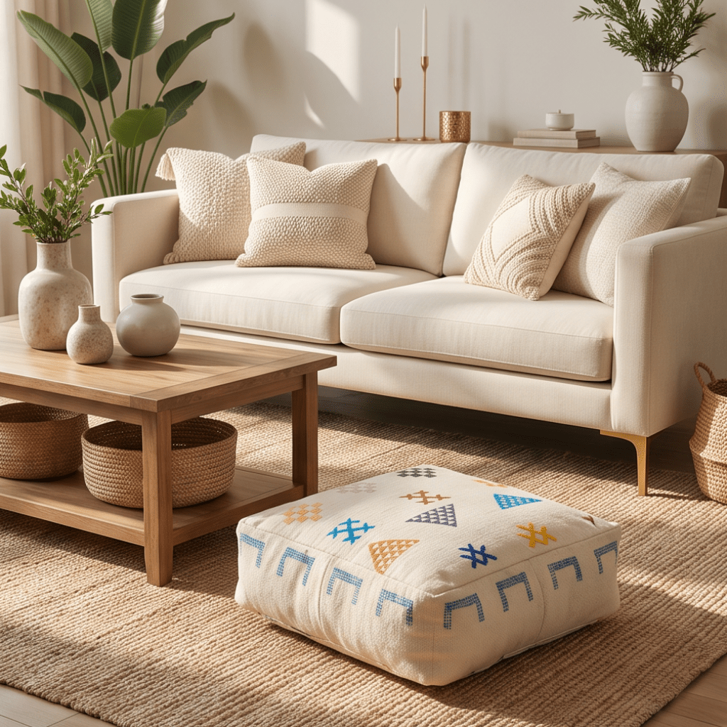 Pouf berbère écru bordure clé grecque