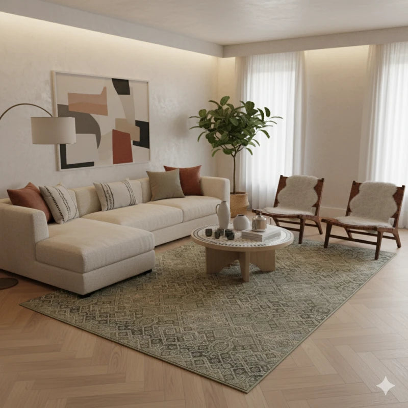 Tapis oriental vert et beige style vintage - Laine