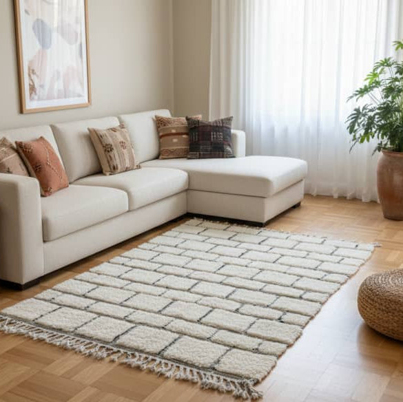 Tapis marocain graphique blanc et noir parsemé de motifs géométriques, avec des franges décoratives.