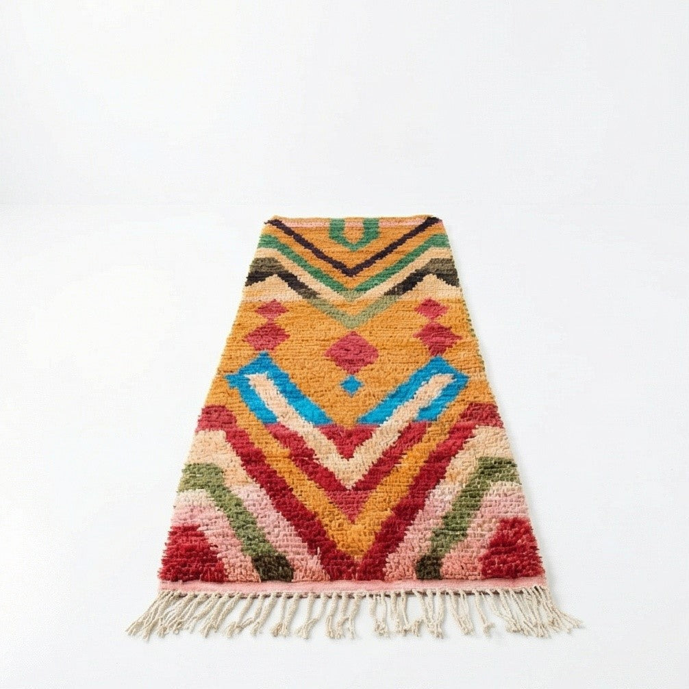 Tapis couloir berbère Boujad multicolore orange, rouge, bleu et vert, motifs géométriques et franges.