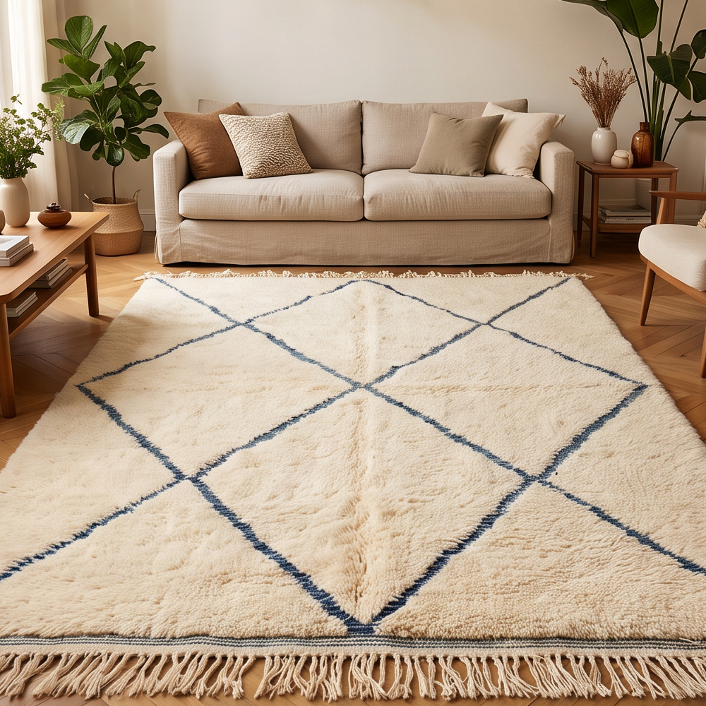Tapis Béni Ouarain écru et bleu gris à grands losanges bleu gris dans un salon