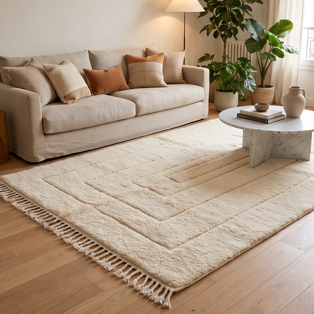 Tapis Béni Ouarain écru à rectangles concentriques en relief dans un salon
