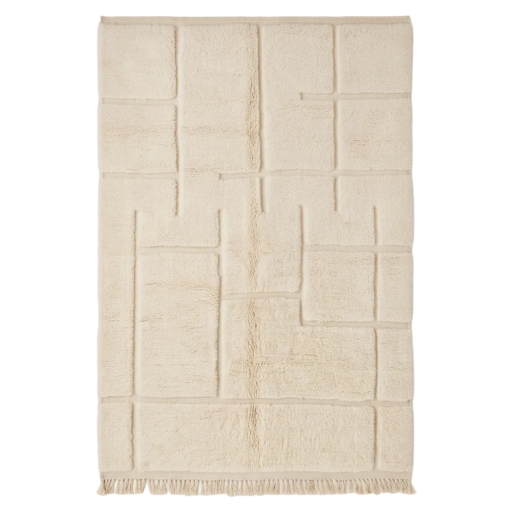 Vue de dessus du tapis Béni Ouarain écru à blocs géométriques en relief
