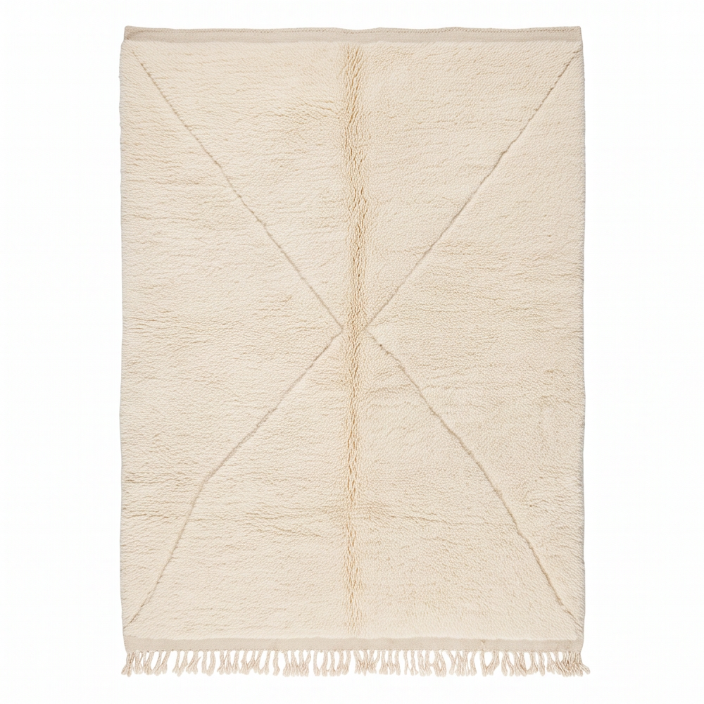 Vue de dessus du tapis Béni Ouarain écru à grand motif croisé ton sur ton