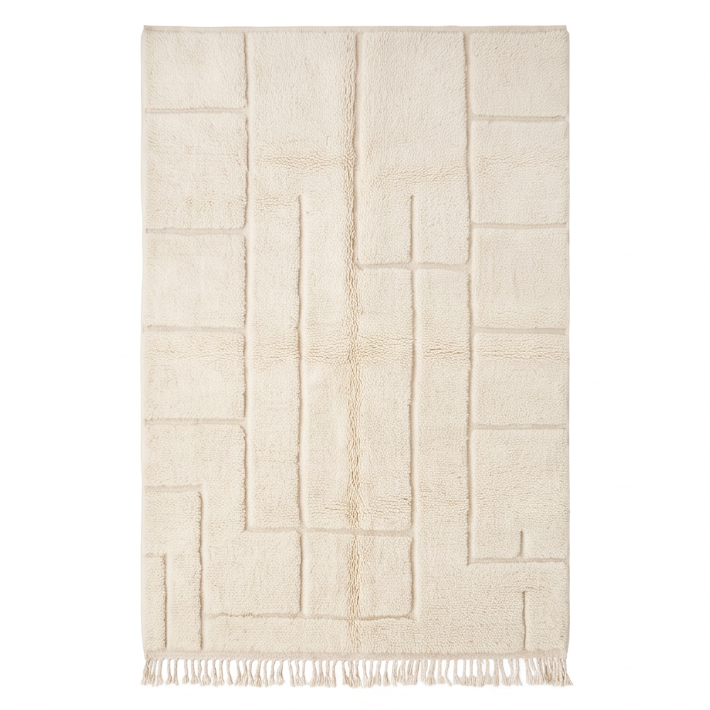 Vue de dessus du tapis Béni Ouarain écru à rectangles verticaux en relief