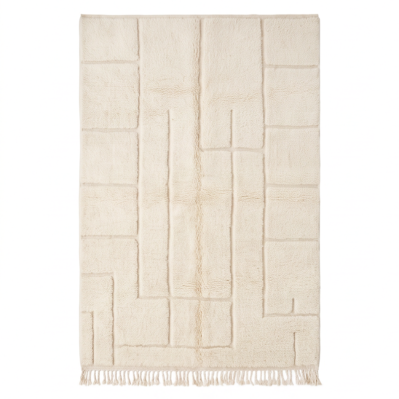 Vue de dessus du tapis Béni Ouarain écru à rectangles verticaux en relief