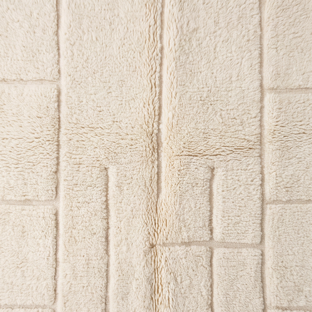 Gros plan sur la laine et le motif rectangles verticaux en relief du tapis Béni Ouarain