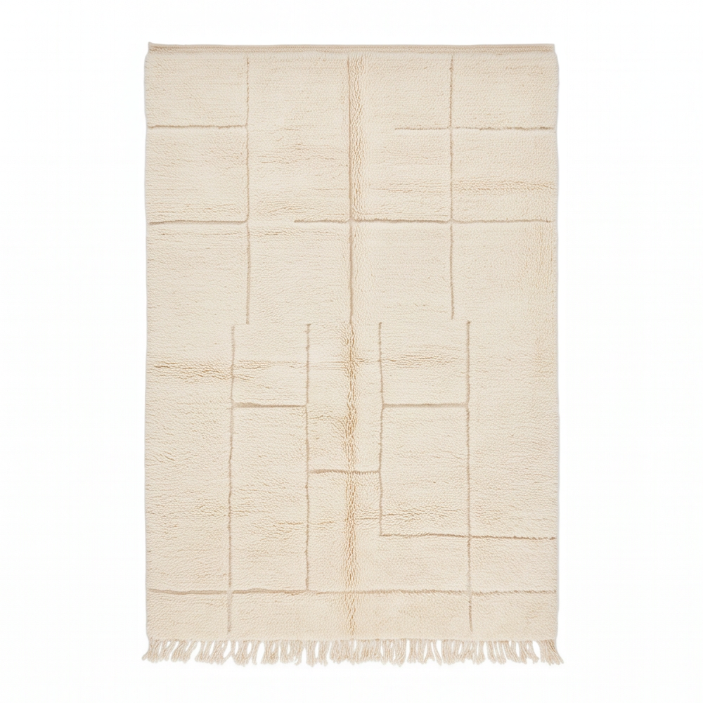 Vue de dessus du tapis Béni Ouarain écru et beige à quadrillage de rectangles ton sur ton