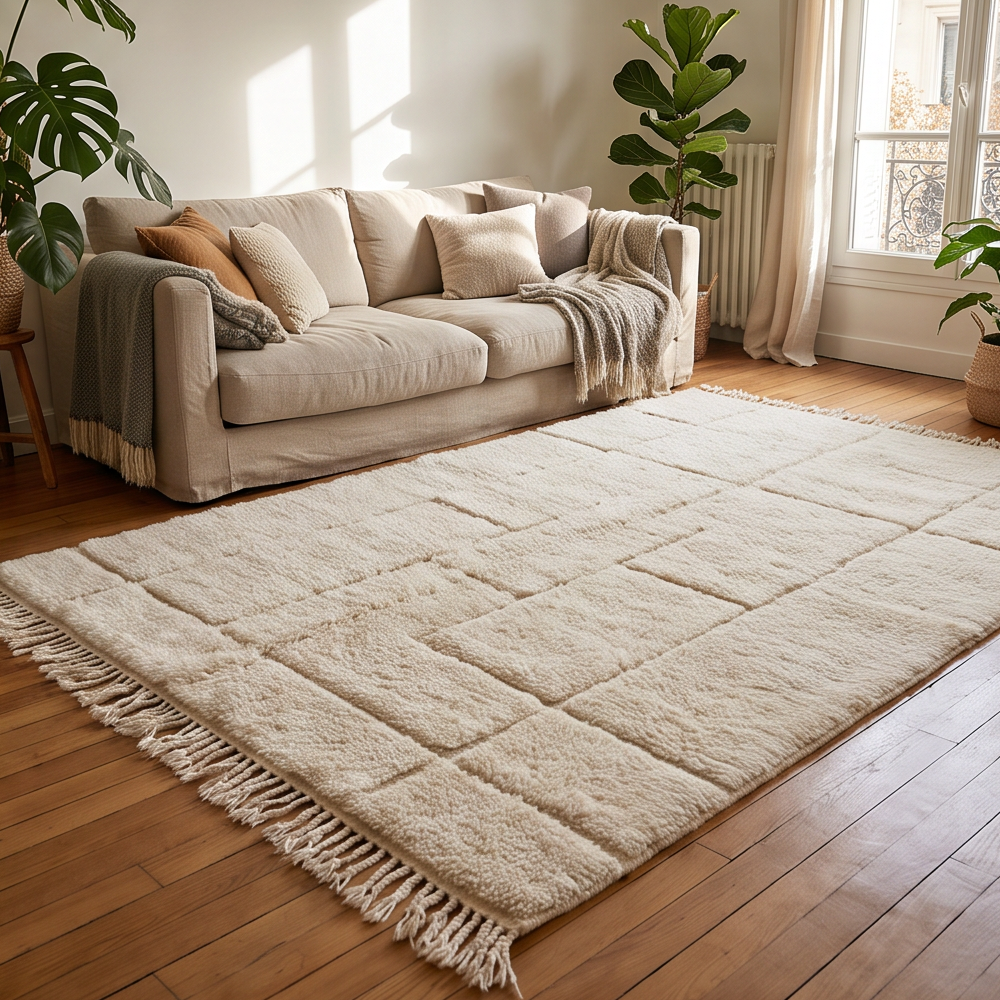 Tapis Béni Ouarain écru et beige à quadrillage de rectangles ton sur ton dans un salon