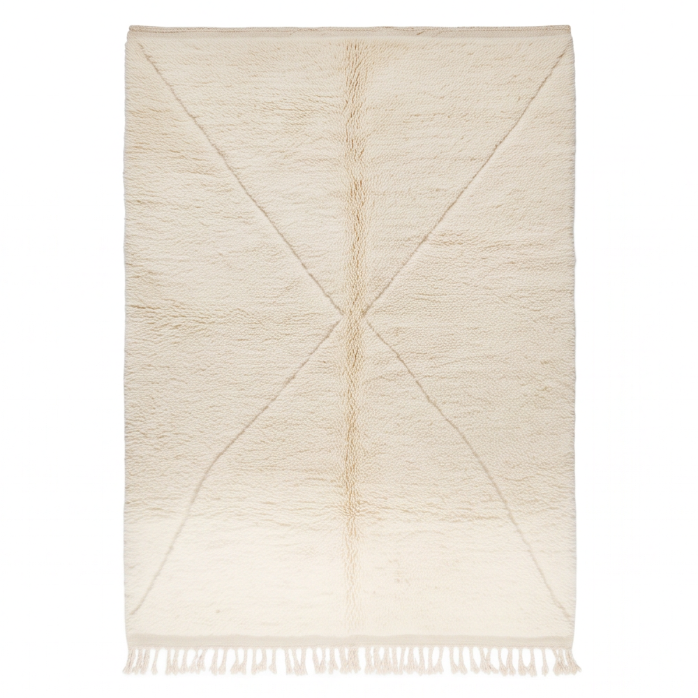 Vue de dessus du tapis Béni Ouarain écru à grand motif croisé ton sur ton