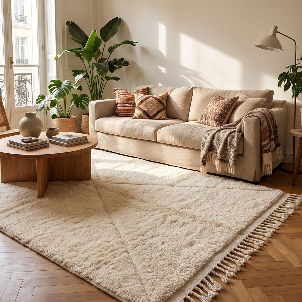 Tapis Béni Ouarain écru à grand motif croisé ton sur ton dans un salon