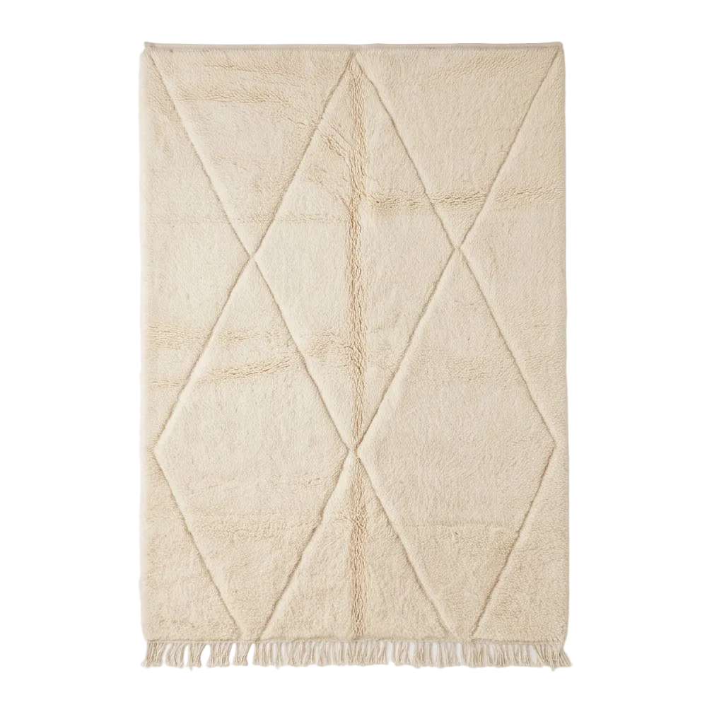 Vue de dessus du tapis Béni Ouarain écru à grands losanges ton sur ton