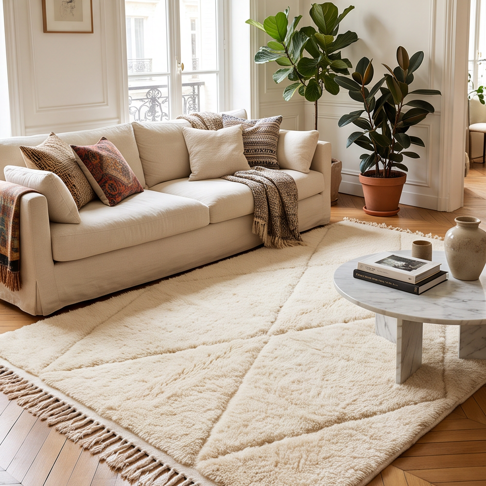 Tapis Béni Ouarain écru à grands losanges ton sur ton dans un salon