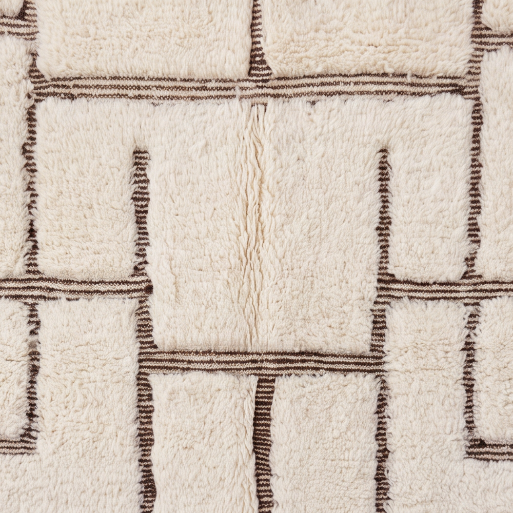 Gros plan sur la laine et le motif lignes géométriques brunes du tapis Béni Ouarain