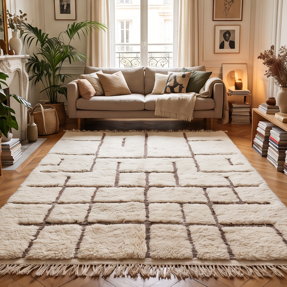 Tapis Béni Ouarain écru et brun à lignes géométriques brunes dans un salon