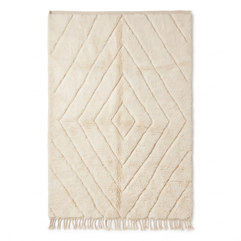 Vue de dessus du tapis Béni Ouarain écru à losanges concentriques en relief