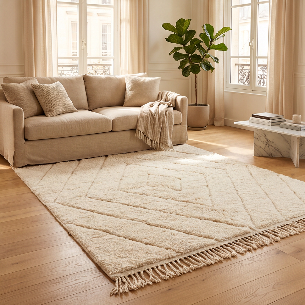 Tapis Béni Ouarain écru à losanges concentriques en relief dans un salon