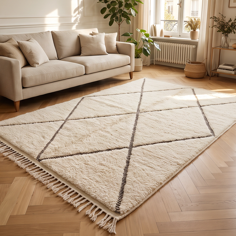 Tapis Béni Ouarain écru et brun à grands losanges bruns dans un salon