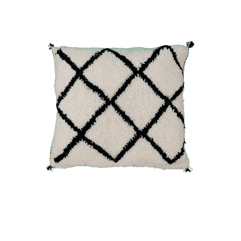 Elégant coussin béni ouarain blanc en laine et motif noir