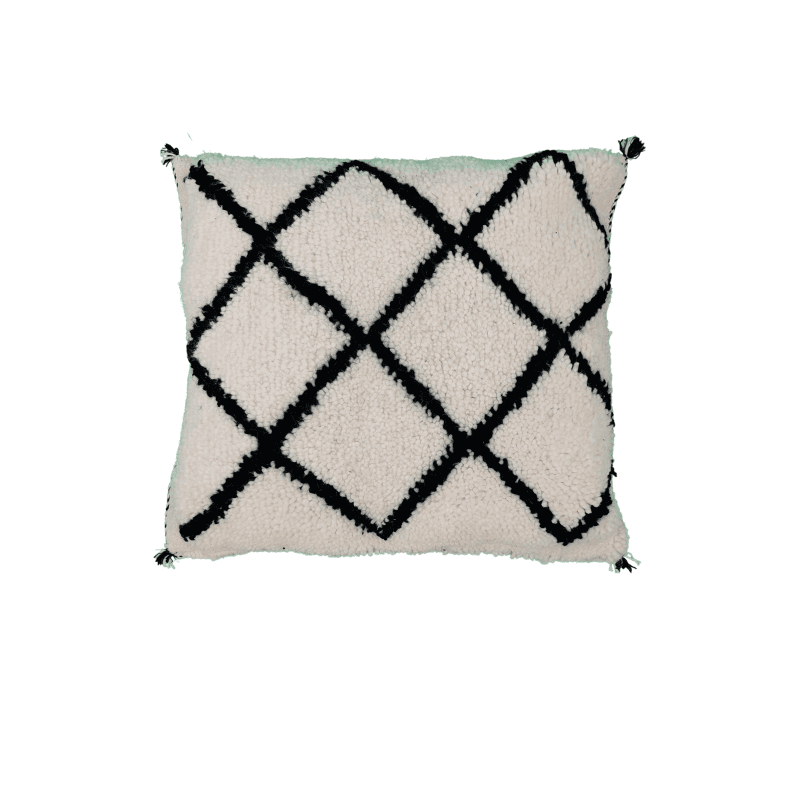 Coussin béni ouarain blanc en laine et motif noir artisanal