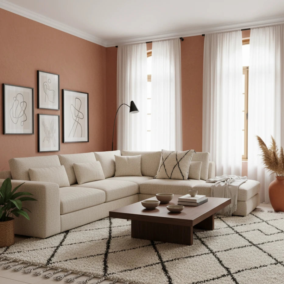 Canapé en tissu beige avec coussins, table basse en bois, et tapis avec motifs, dans un salon moderne.