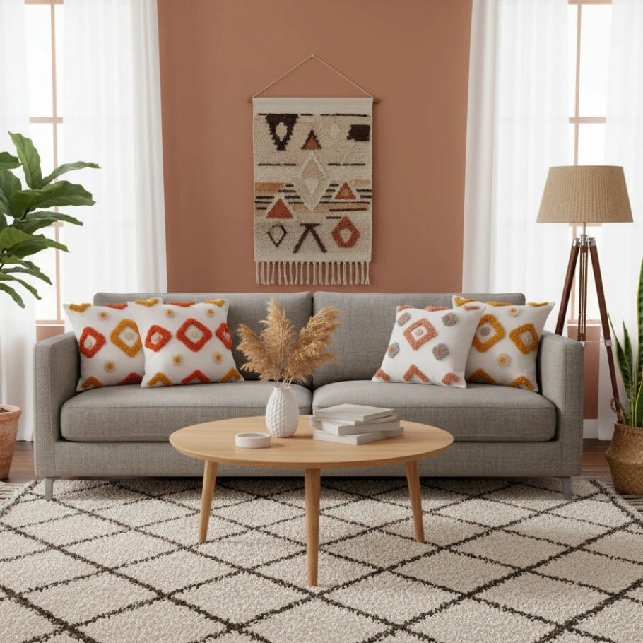 Un salon moderne avec un canapé gris, MAZIR Coussin Inspiration Berbère Motif Coloré, des coussins géométriques, une table basse ronde en bois, des plantes, un lampadaire, une tapisserie murale et un tapis blanc à motifs de losanges noirs.