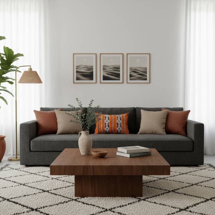 Coussin Kilim orange de style berbère avec motifs géométriques ethniques.