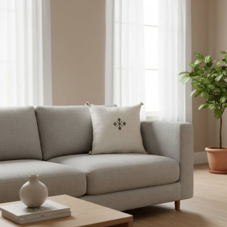 Coussin marocain blanc en coton avec motif brodé, posé sur un canapé gris clair.
