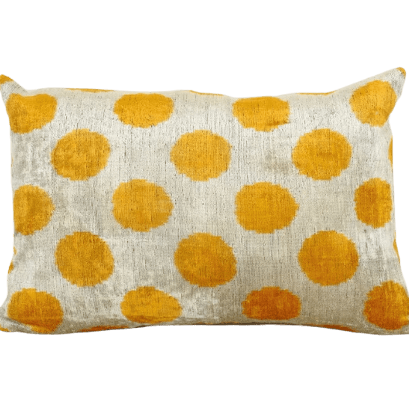 Coussin Ikat blanc motif cercle jaune