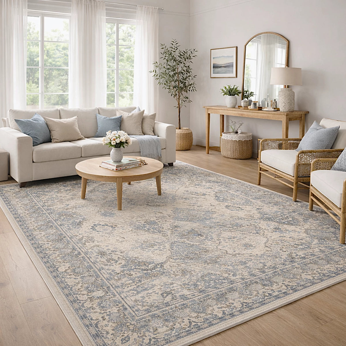 Tapis style oriental beige bleu Naya - Laine