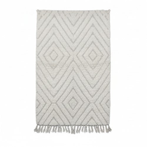 Petit tapis Beni Ouarain à losanges blancs de style berbère, avec motif géométrique et franges décoratives.