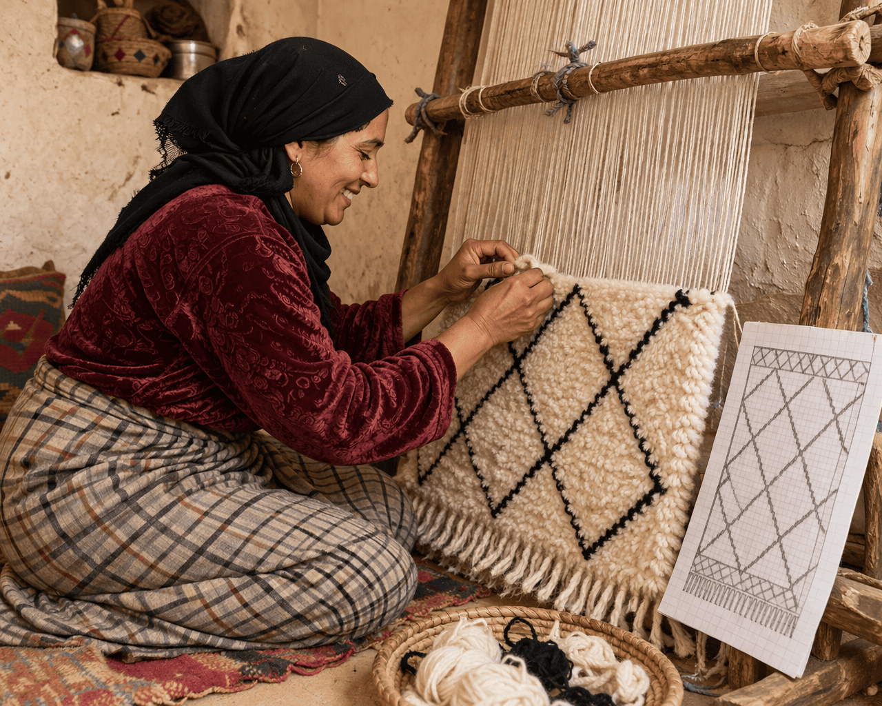 une femme qui tisse un tapis berbere