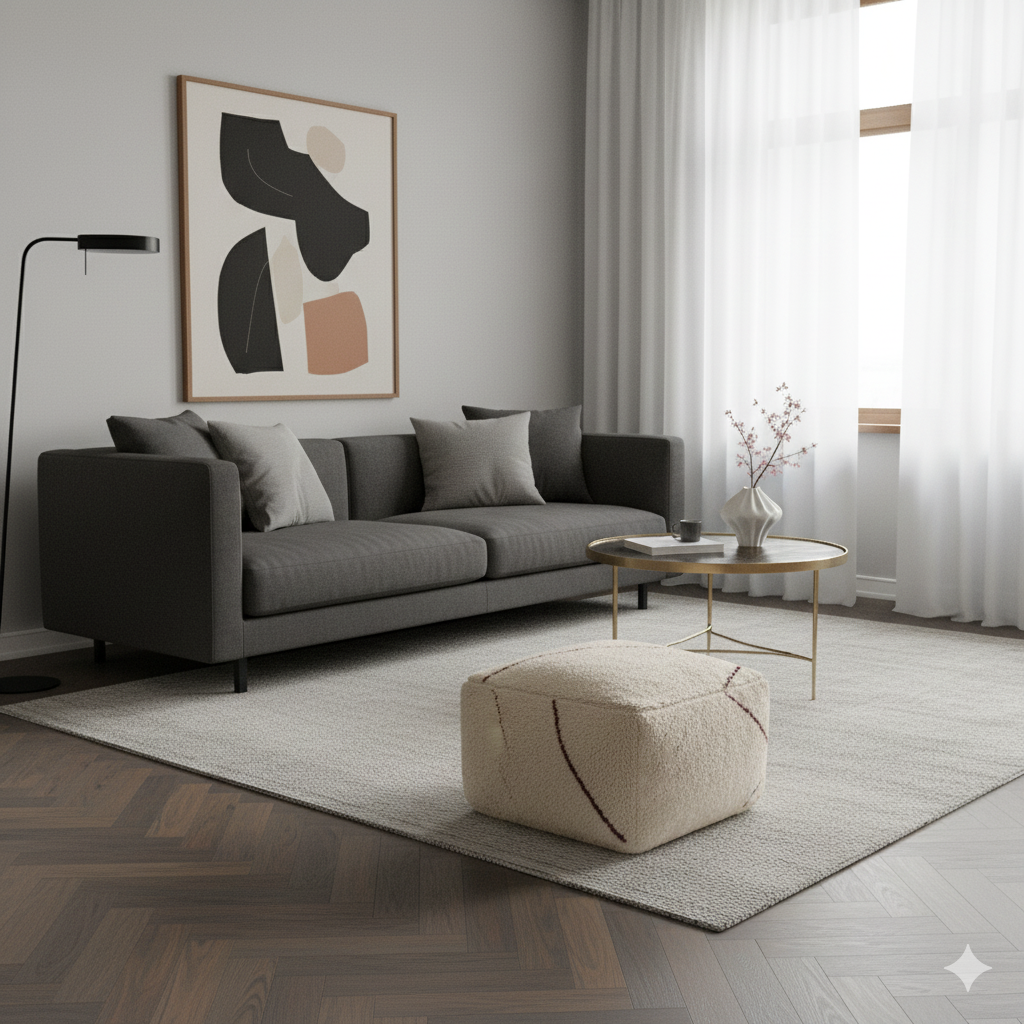 Grand Pouf berbère blanc motif rouge