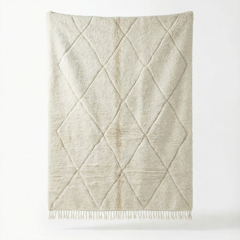 Grand tapis à losanges blancs de 300x400 cm, style marocain traditionnel.