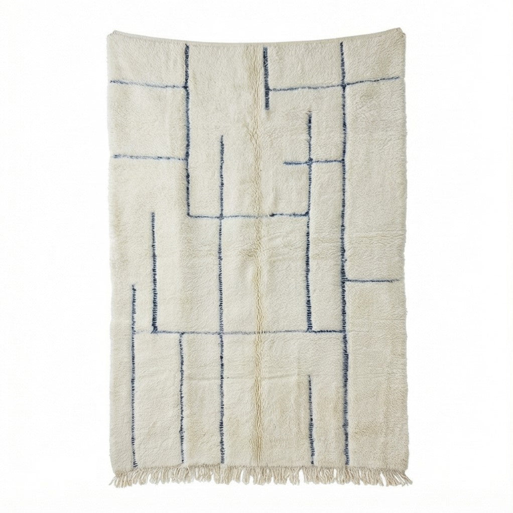 Grand tapis marocain graphique en laine, avec motif géométrique abstrait bleu marine.