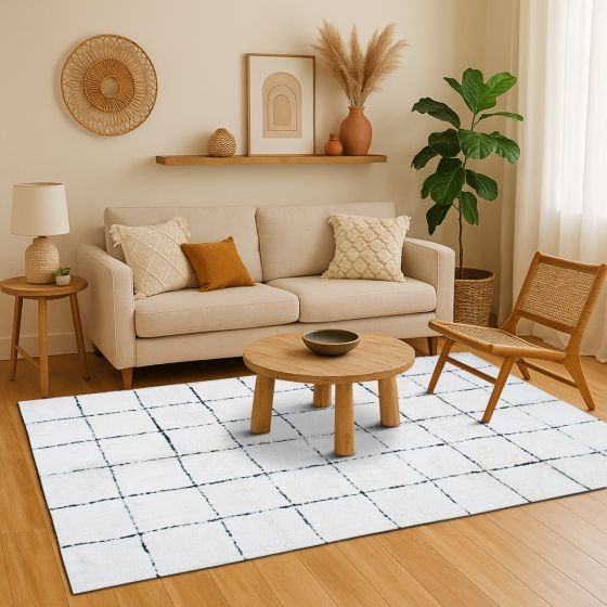 Tapis berbère grille en coton, à motif quadrillé noir et blanc, de style décontracté.