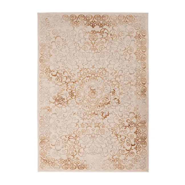 Tapis de laine style persan vintage crème et marron, avec motifs floraux complexes.