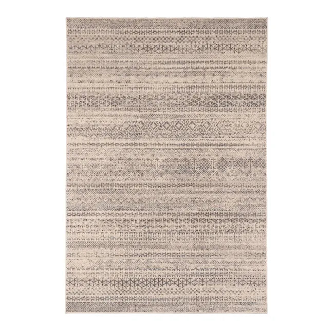 Tapis de salon ethnique beige en laine, de style ethnique avec motif géométrique.