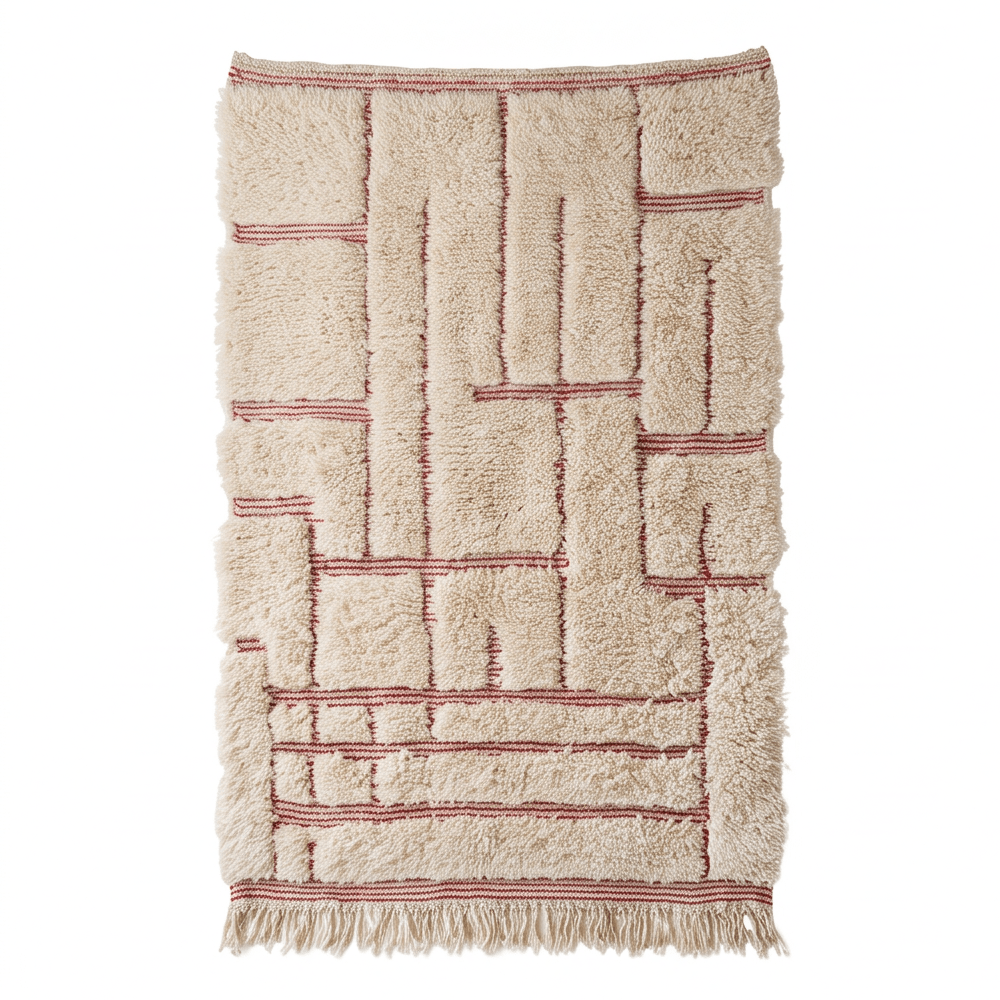 Petit tapis Béni Ouarain écru à motif graphique rose 100 x 150 cm, vue principale