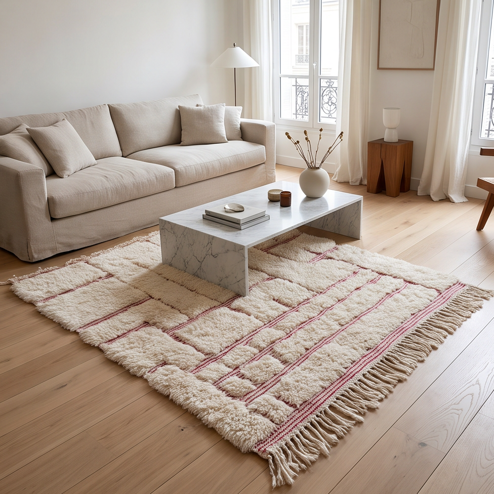 Petit tapis Béni Ouarain écru et rose dans un salon