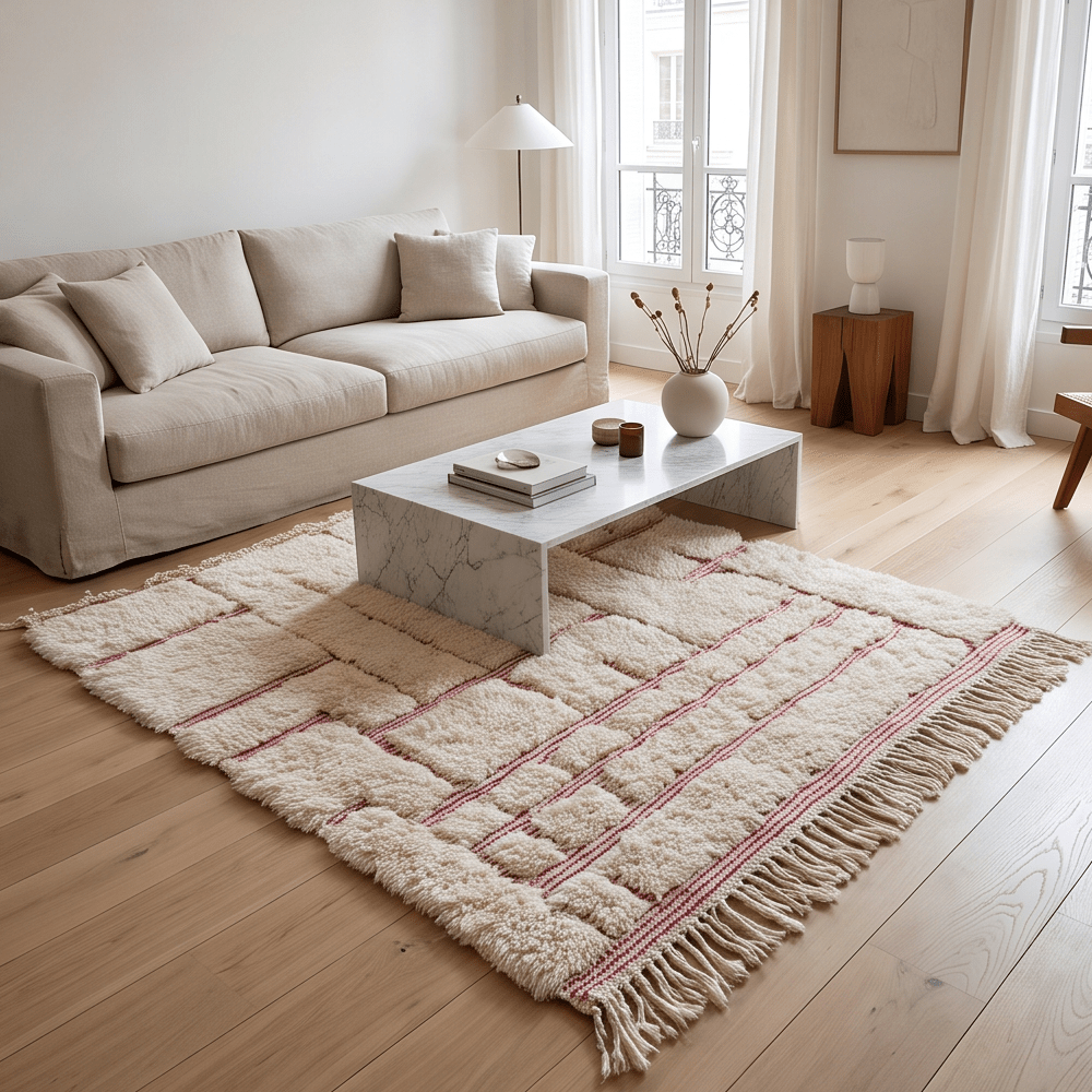 Petit tapis Béni Ouarain écru et rose dans un salon