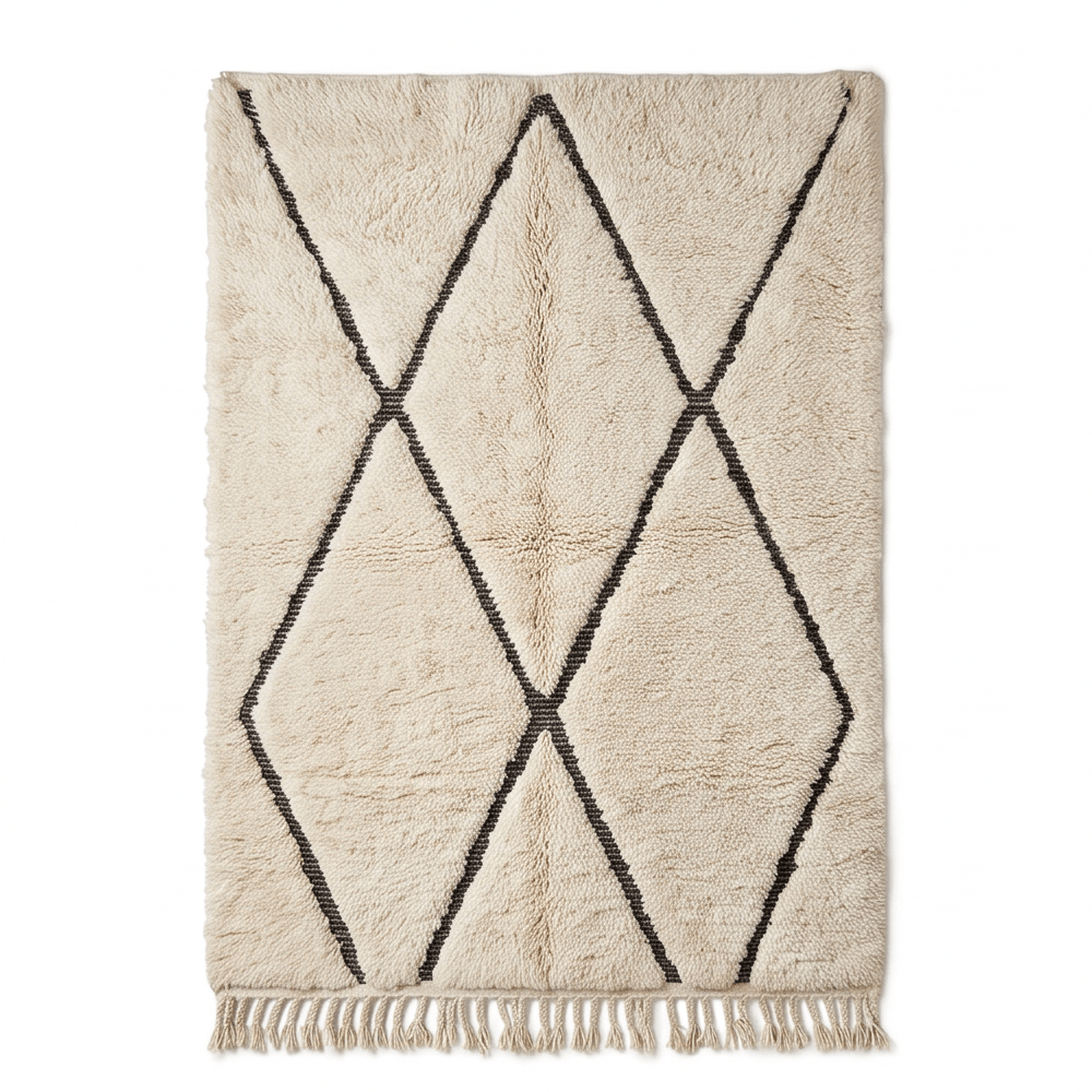 Petit tapis Béni Ouarain écru à grands losanges noirs 110 x 160 cm, vue principale