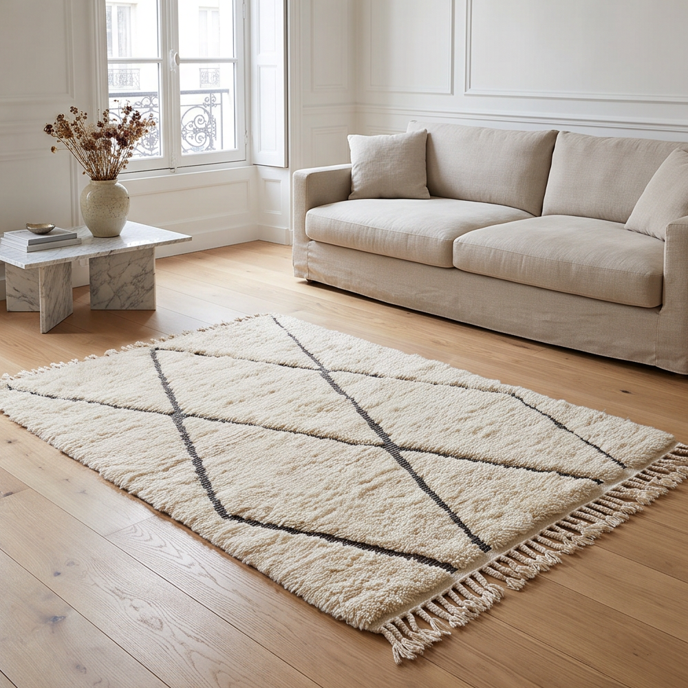 Petit tapis Béni Ouarain à grands losanges noirs dans un salon