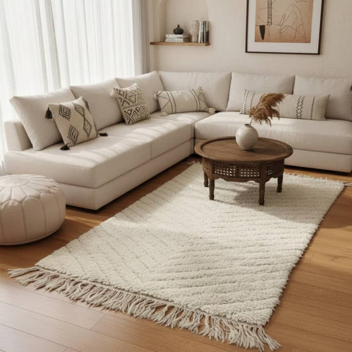 Petit tapis Béni Ouarain blanc V, avec un motif géométrique à losanges et des franges décoratives.
